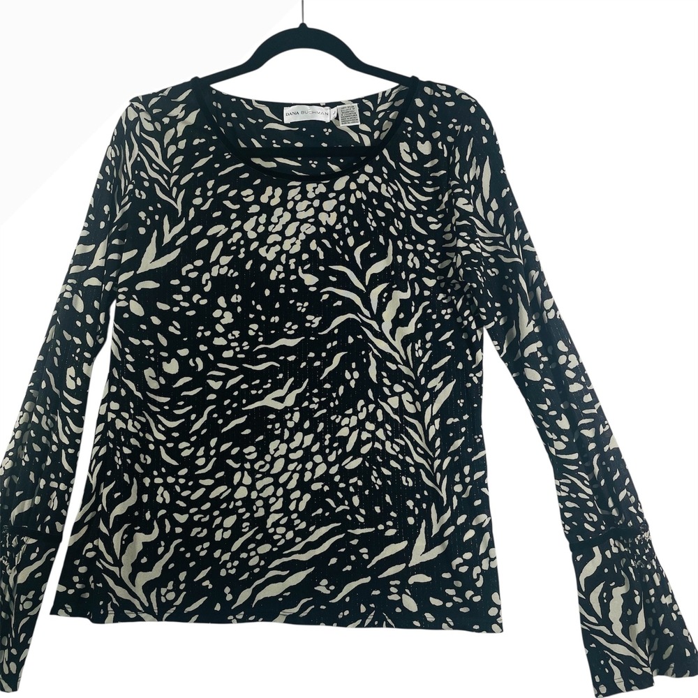 Dana Buchman Animal Print Top Velvet Trim Long Sleeve Blouse Size‎ L Black